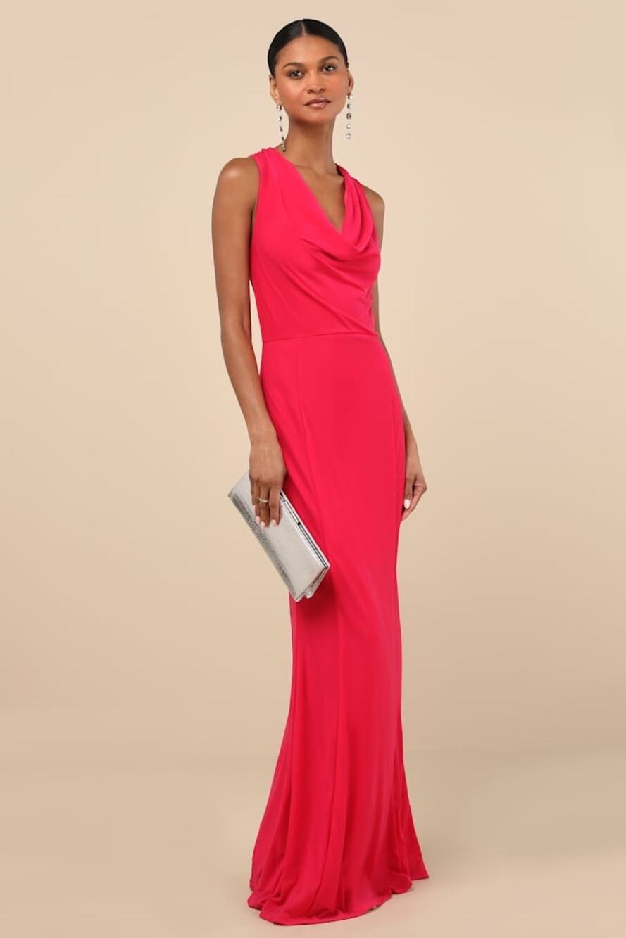 NWT Lulus Stunning Mystery Fuchsia Mesh Cowl Back Mermaid Maxi Dress Banquet L